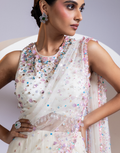 White Pre-Draped Saree with Embellished Blouse and Pastel Sequin Detailing _3
