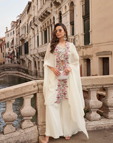 White Premium Chinon Silk Festive Set Embroidered Shrug & Mirror Work Blouse with Palazzo - Buy