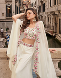 White Premium Chinon Silk Festive Set Embroidered Shrug & Mirror Work Blouse with Palazzo - Buy_1