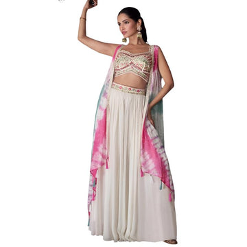 White Zari Embroidered Jacket With Blouse And Palazzo - Rent