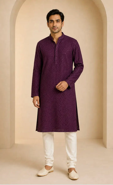 Wine Color Thread Embroidered Kurta Pajama - Rent