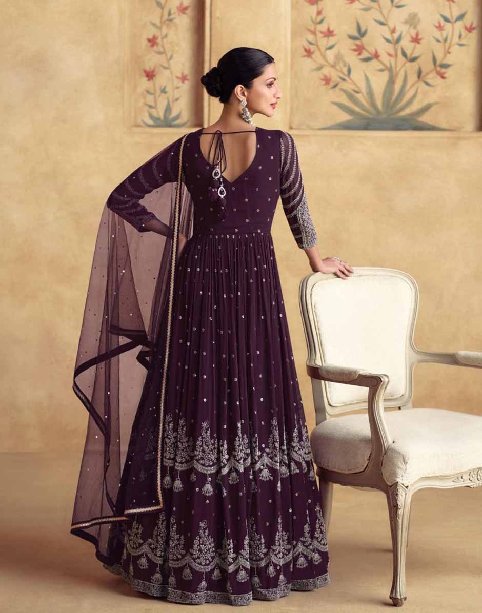 Wine Embroidered Anarkali Kurta and Dupatta Set