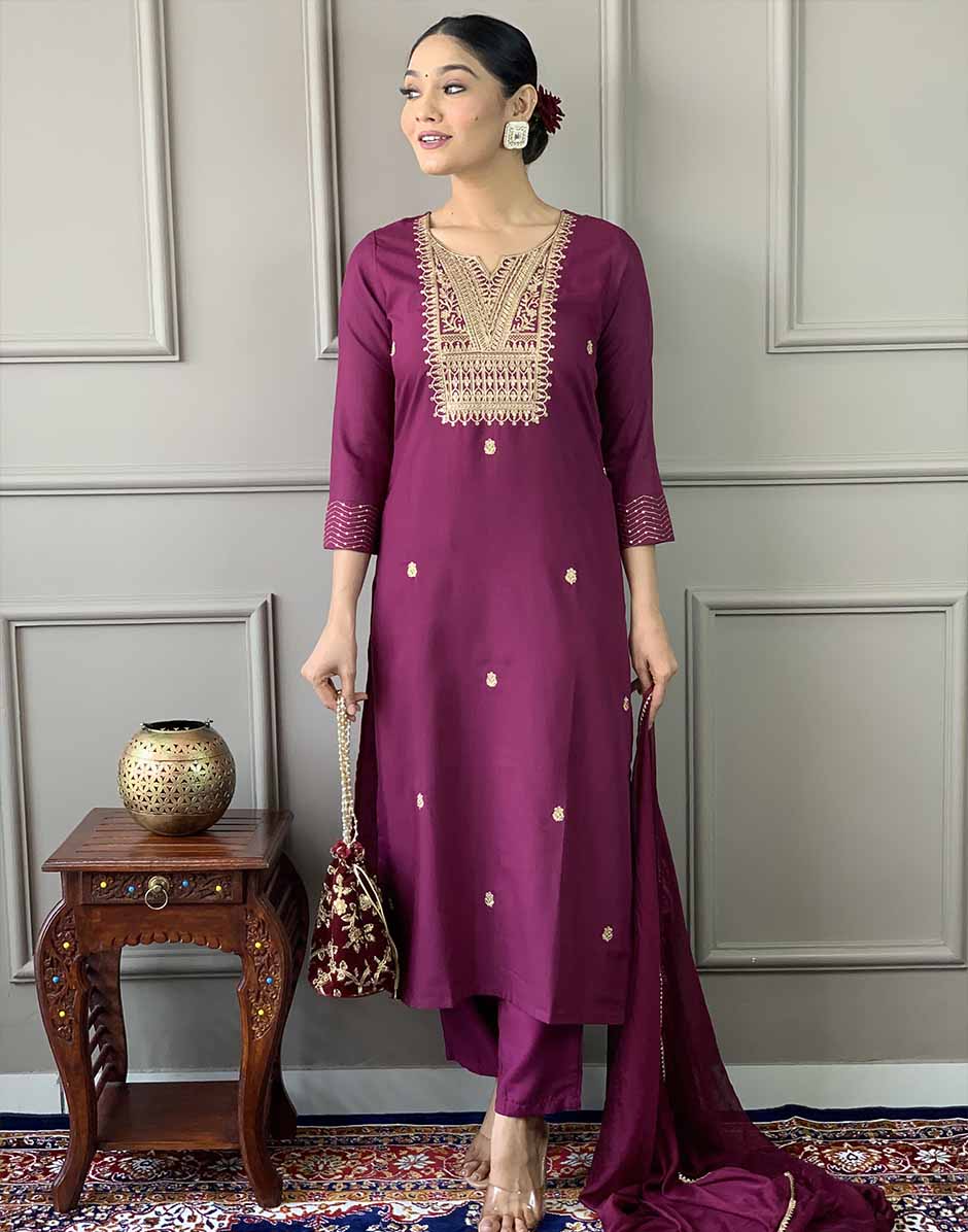 Wine Embroidered & Embellished Rayon Kurta Pant with Dupatta