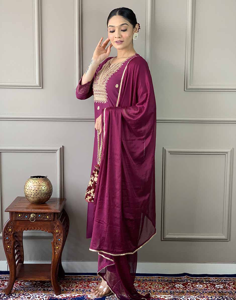 Wine Embroidered & Embellished Rayon Kurta Pant with Dupatta