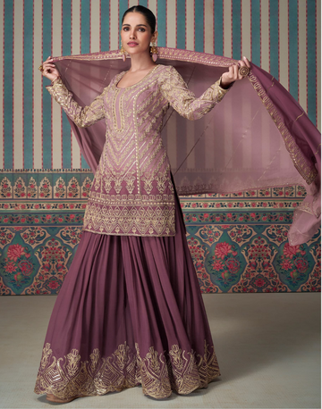 Wine Georgette Embroidered Set Ribbon & Sequin Work Top with Palazzo and Dupatta