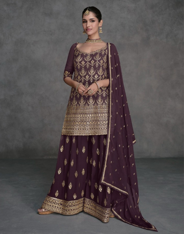 Wine Georgette Embroidered Top, Palazzo & Dupatta Set Elegant Traditional Outfit for Every Occasion