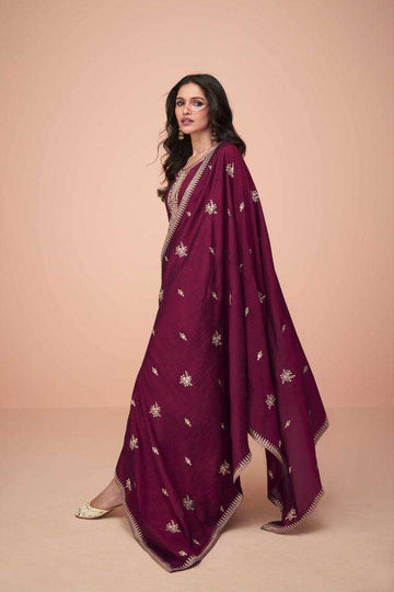 Wine Georgette Embroidery Kurta Salwar Set for Women - Rent