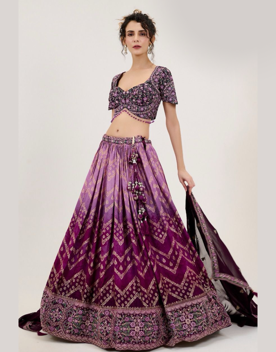 Wine Lehenga Set Georgette Jacquard with Embroidery & Handwork Dupatta