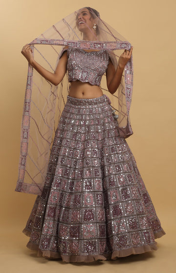 Wine Net Embroidered Mirror Round Neck Gunaar Lehenga Set  - Rent