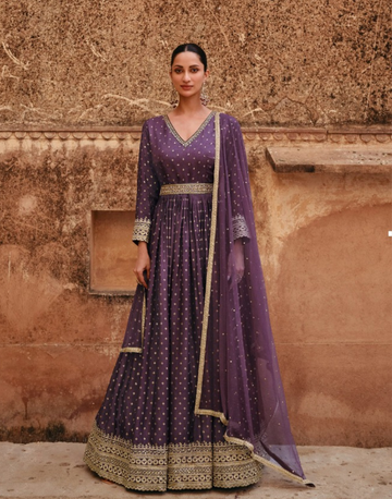 Wine Pure Viscose Jacquard Silk Embroidered Gown with Front & Back Detailing and Matching Dupatta