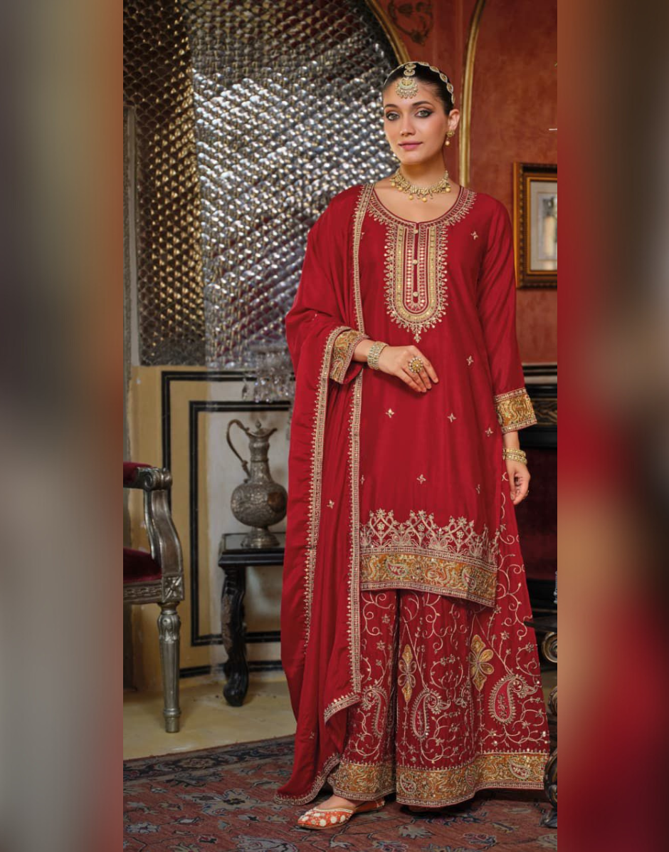 Women’s Chinon Embroidery Work Palazzo Suit Set with Dupatta Traditional & Trendy - Buy
