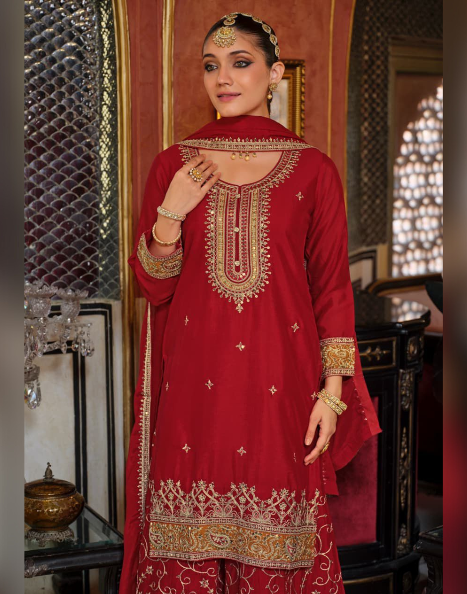 Women’s Chinon Embroidery Work Palazzo Suit Set with Dupatta Traditional & Trendy - Buy
