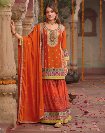 Women's Orange Chinon Kurti with Digital Embroidery, Palazzo Pants & Matching Dupatta