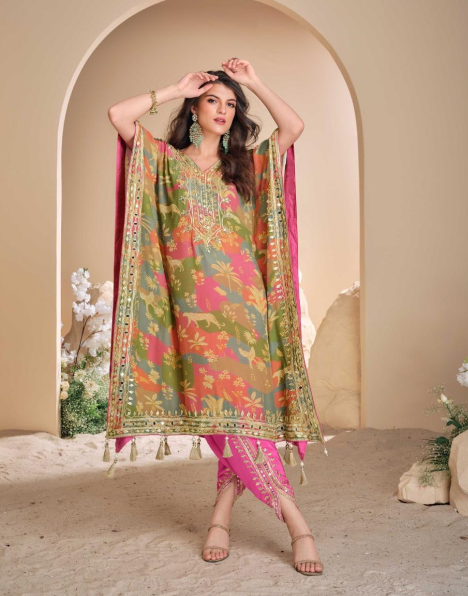 Women’s Pink Pure Viscose Silk Kaftan Tulip Cut with Hand Mirror Work & Gota Patti Embroidery - Buy