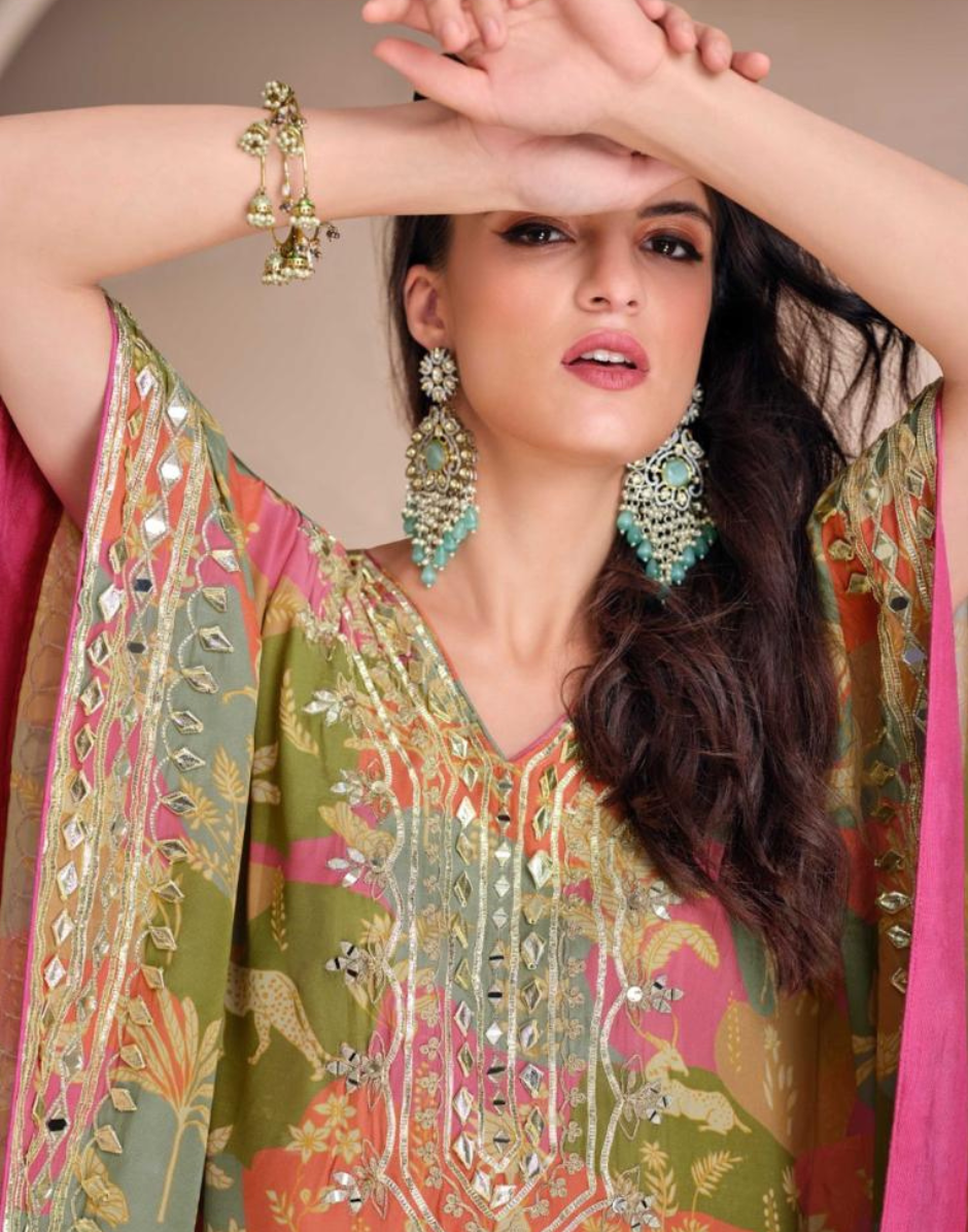 Women’s Pink Pure Viscose Silk Kaftan Tulip Cut with Hand Mirror Work & Gota Patti Embroidery - Buy_2
