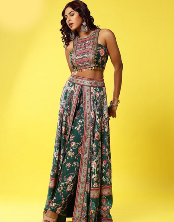 Women's Silk Co-ord Set Green Floral Print Contemporary Fashion