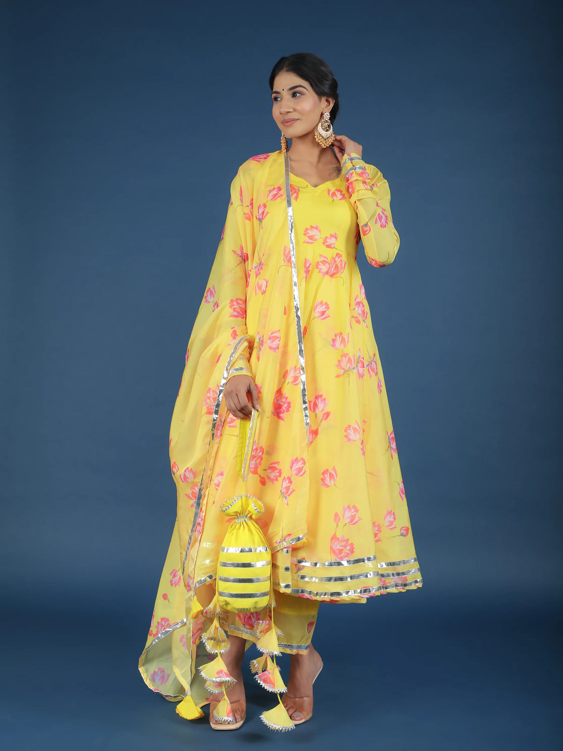 POMCHA JAIPUR'S YELLOW OLEANDER ORGANZA ANARKALI - RENT