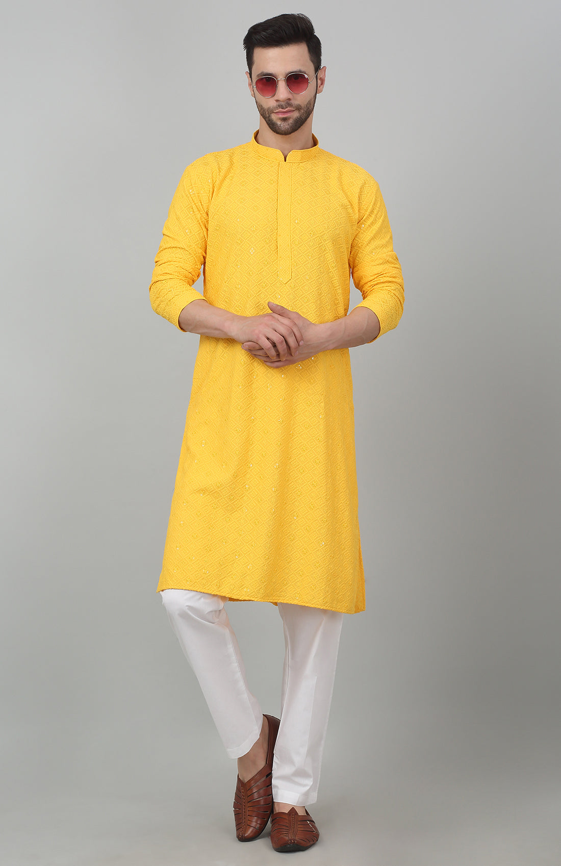 Yellow Checkered Pattern Thread Work Kurta Set - Rent