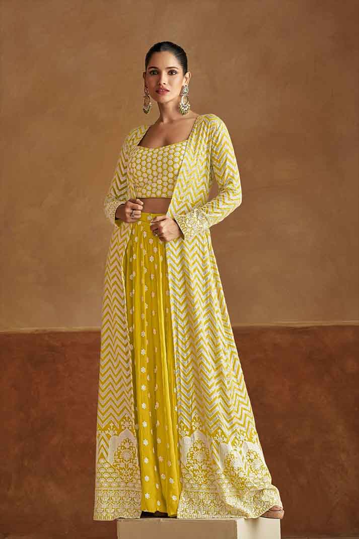 Yellow Chevron Print Embroidered Georgette Top Palazzo Dupatta Set