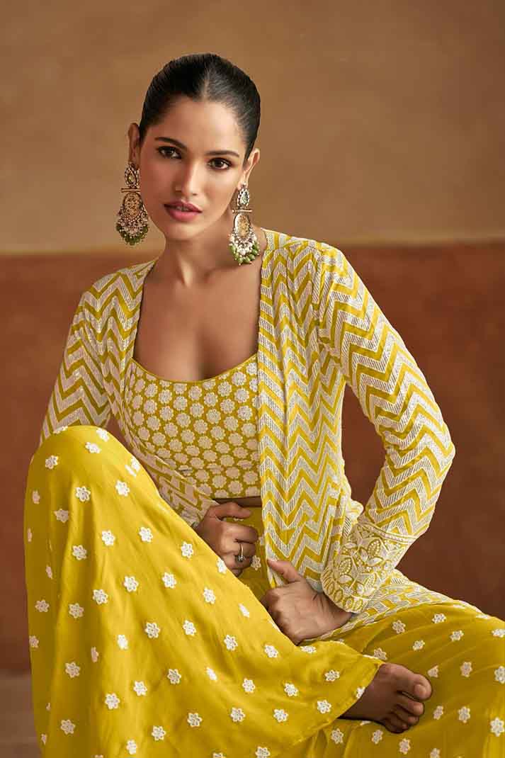 Yellow Chevron Print Embroidered Georgette Top Palazzo Dupatta Set