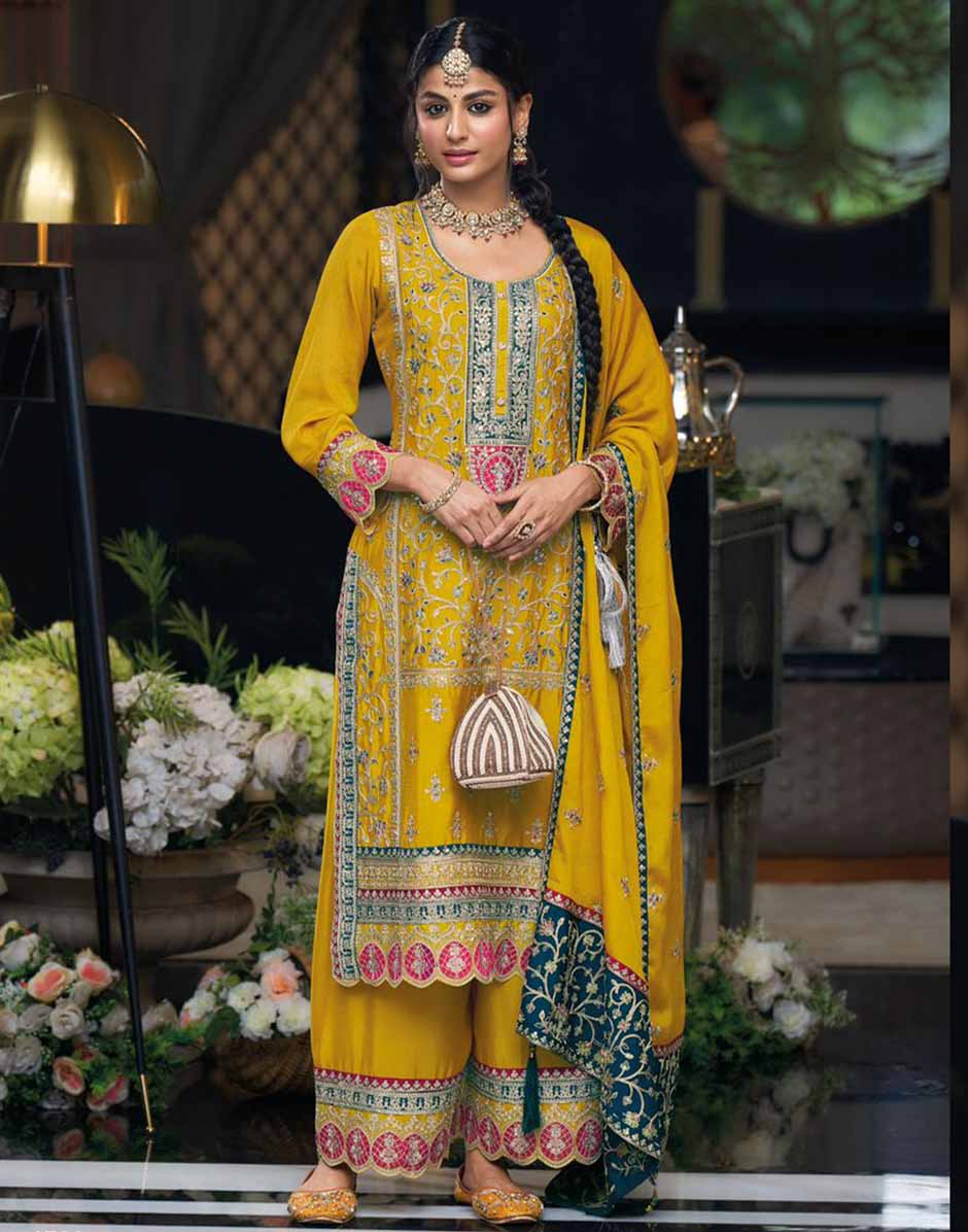 Yellow Embroidered & Sequins Round Neck Straight Top Palazzo and Dupatta Set