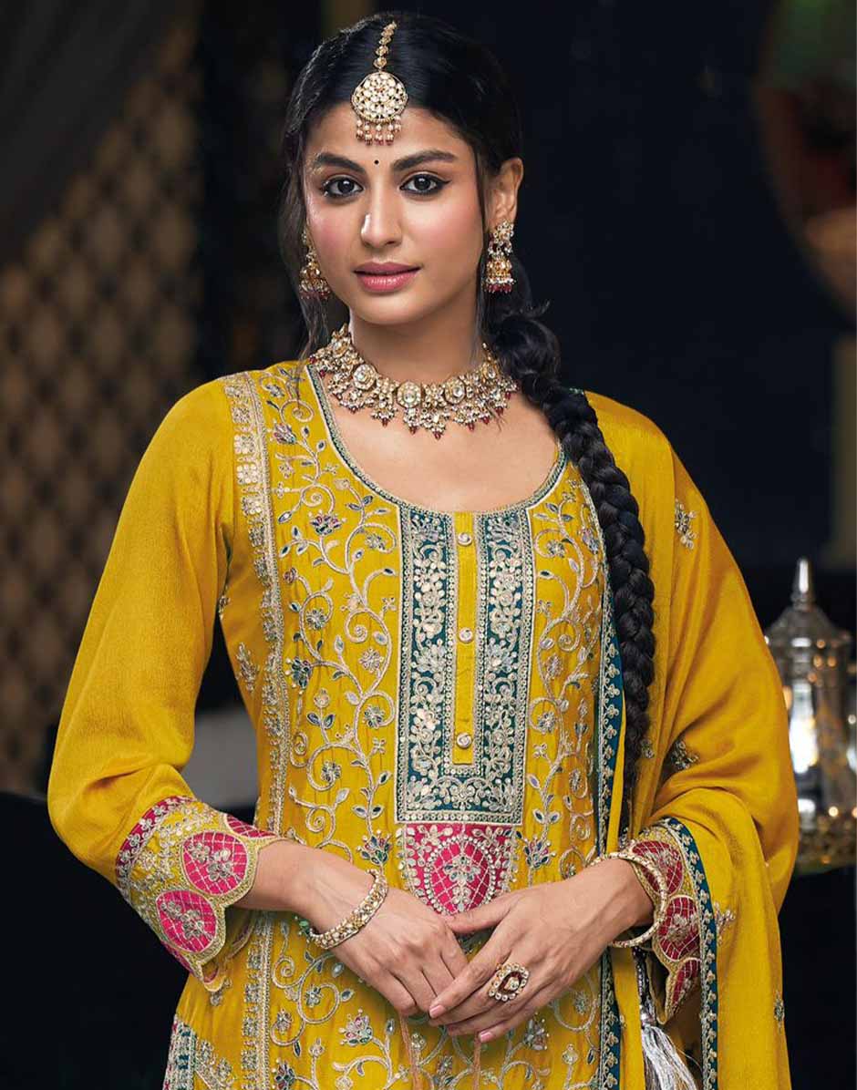 Yellow Embroidered & Sequins Round Neck Straight Top Palazzo and Dupatta Set