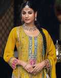 Yellow Embroidered & Sequins Round Neck Straight Top Palazzo and Dupatta Set_1