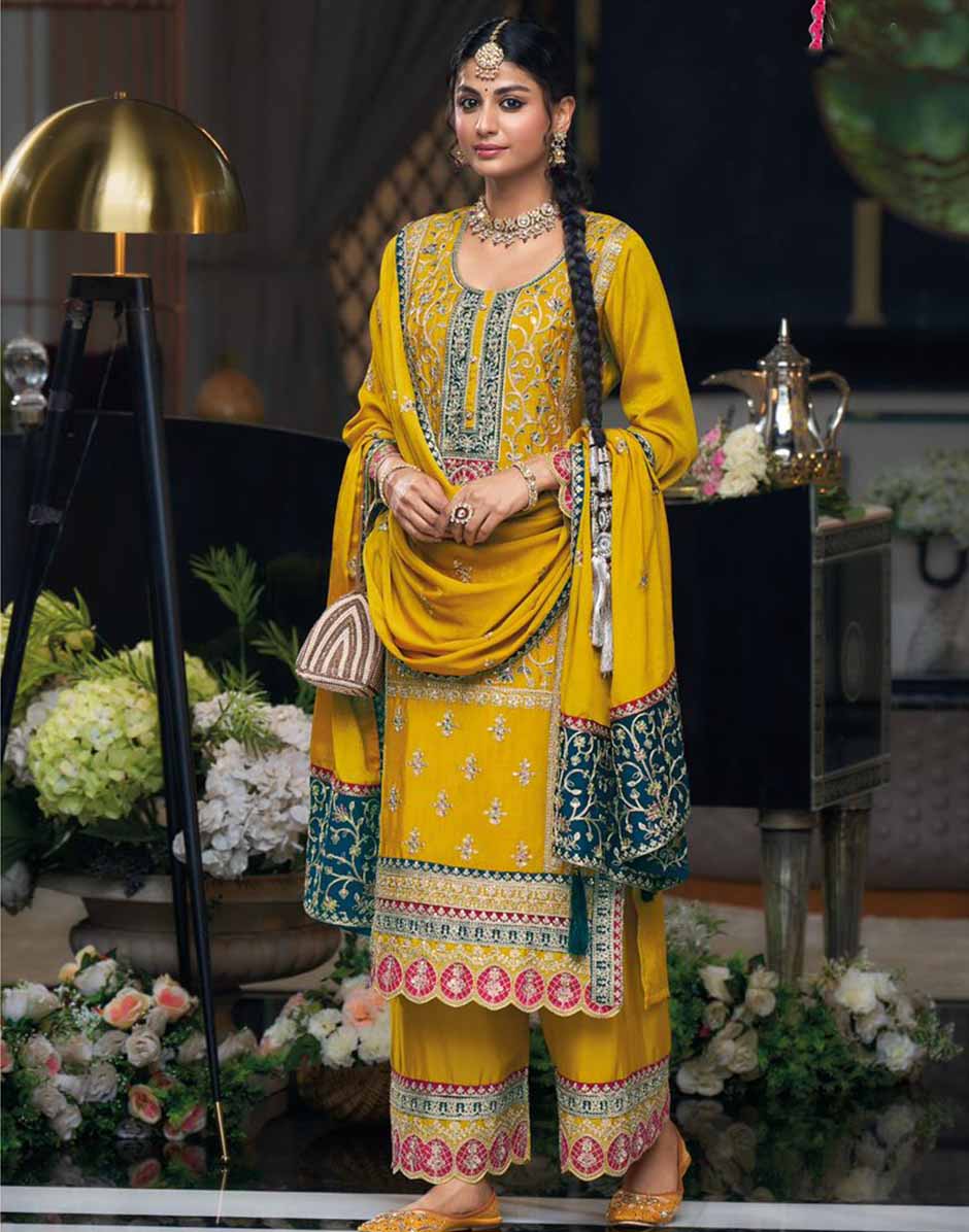 Yellow Embroidered & Sequins Round Neck Straight Top Palazzo and Dupatta Set_2