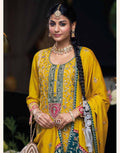 Yellow Embroidered & Sequins Round Neck Straight Top Palazzo and Dupatta Set_3