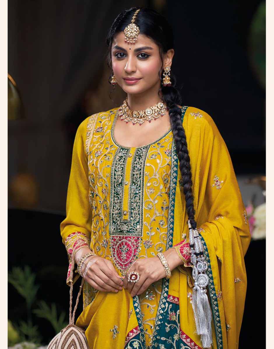 Yellow Embroidered & Sequins Round Neck Straight Top Palazzo and Dupatta Set_3
