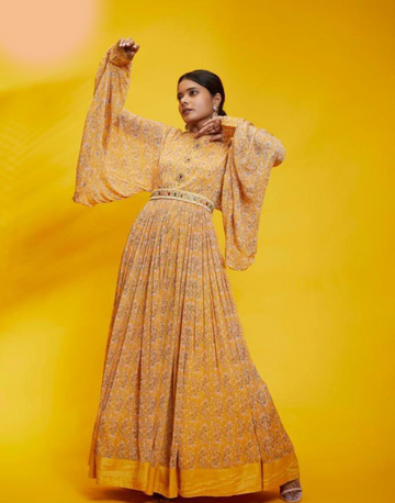 Yellow Floral Print Gown in Georgette Fabric Stylish & Lightweight