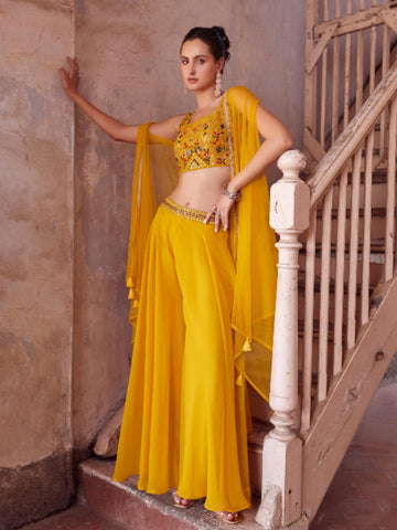 Yellow Georgette Embellished Crop Top And Palazzo Set With Jacket - Rent
