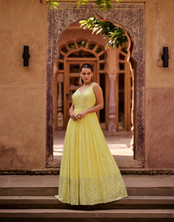 Yellow Georgette Gown with Net Dupatta Elegant & Stylish Traditional Wear for Special Occasions