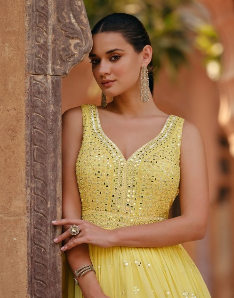 Yellow Georgette Gown with Net Dupatta Elegant & Stylish Traditional Wear for Special Occasions Yellow / M / 7 Days Yellow Georgette Gown with Net Dupatta Elegant & Stylish Traditional Wear for Special Occasions Yellow / M / 7 Days