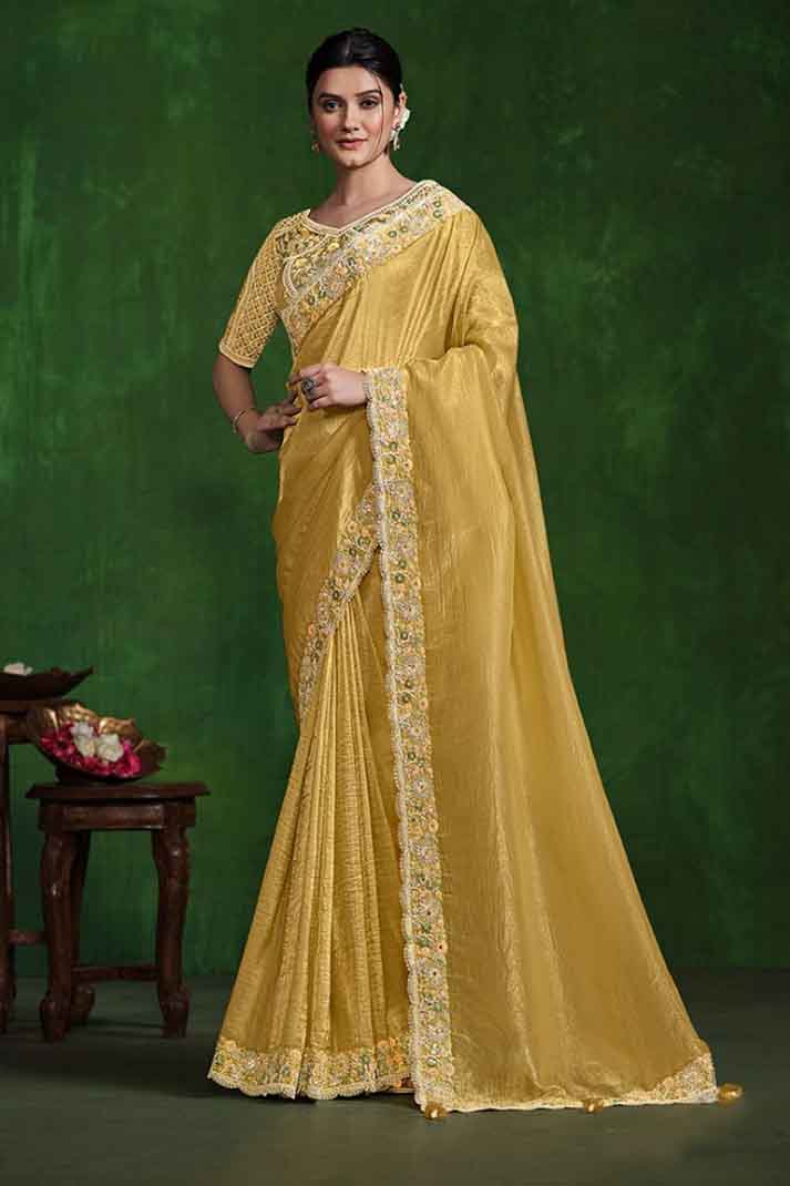 Yellow Paper Crepe Silk Handwork Sequins Designer Saree