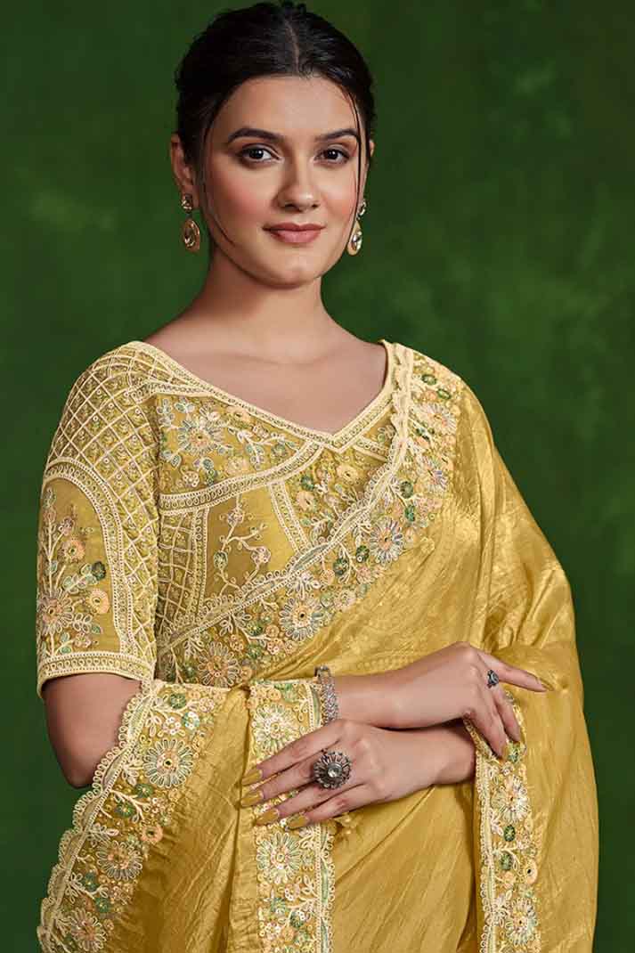 Yellow Paper Crepe Silk Handwork Sequins Designer Saree