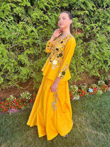Yellow Peplum Top with Mirror-Cut Elegance & Matching Lehenga - Rent