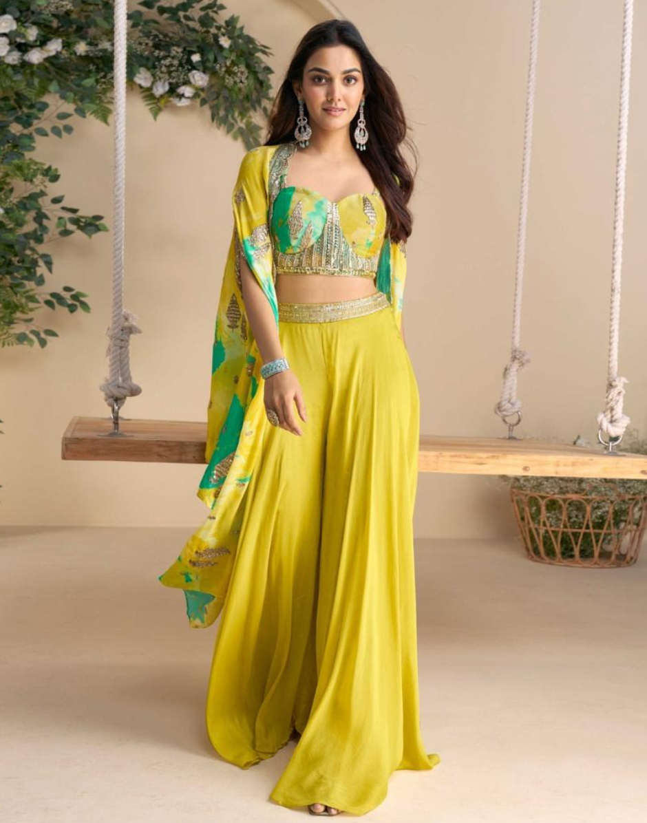 Yellow Premium Real Chinon Silk Set Embroidered Shrug, Hand-Embellished Blouse & Palazzo