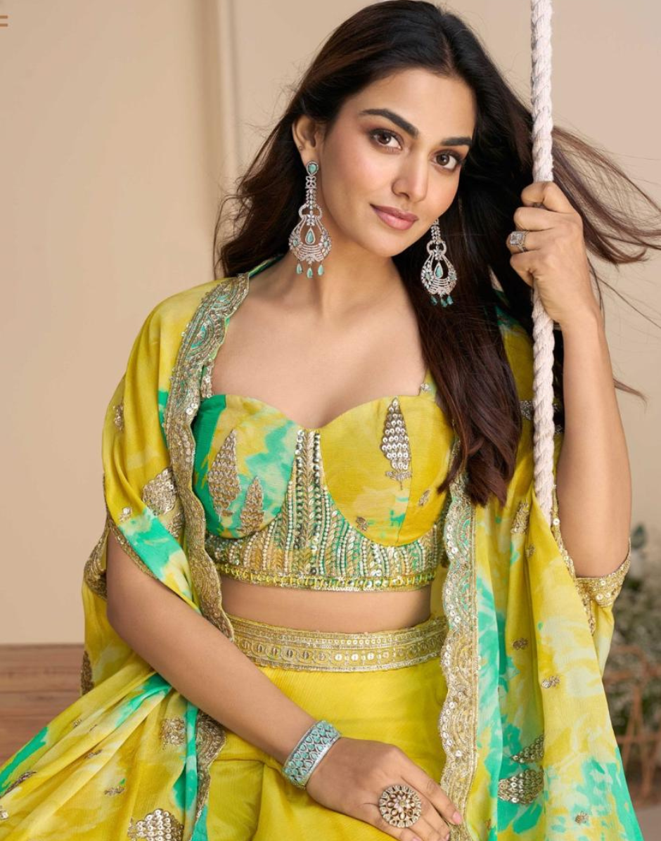 Yellow Premium Real Chinon Silk Set Embroidered Shrug, Hand-Embellished Blouse & Palazzo_1