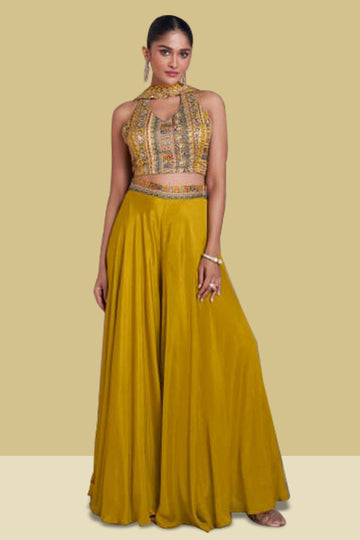 Yellow Real Chinon Silk Choli, Plazzo with Embroidered Dupatta- Rent