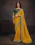 Yellow Saree with Swarovski Sequin Work Elegant Unique Border & Designer Blouse - Buy