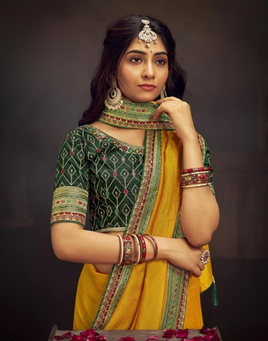 Yellow Saree with Swarovski Sequin Work Elegant Unique Border & Designer Blouse - Buy