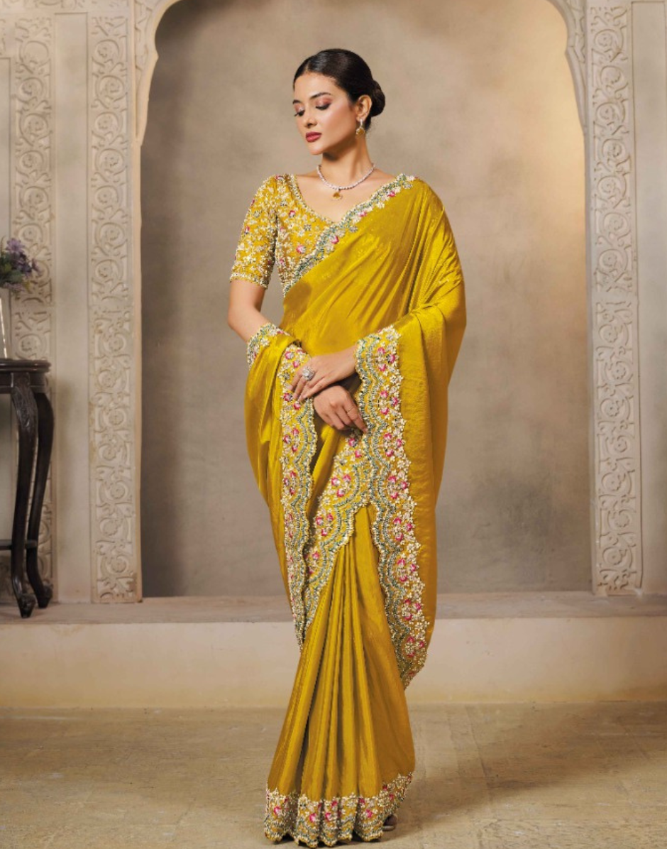 Yellow Soft Satin Silk Embroidered Saree with Sequins & Stone Highlights Blouse - Buy