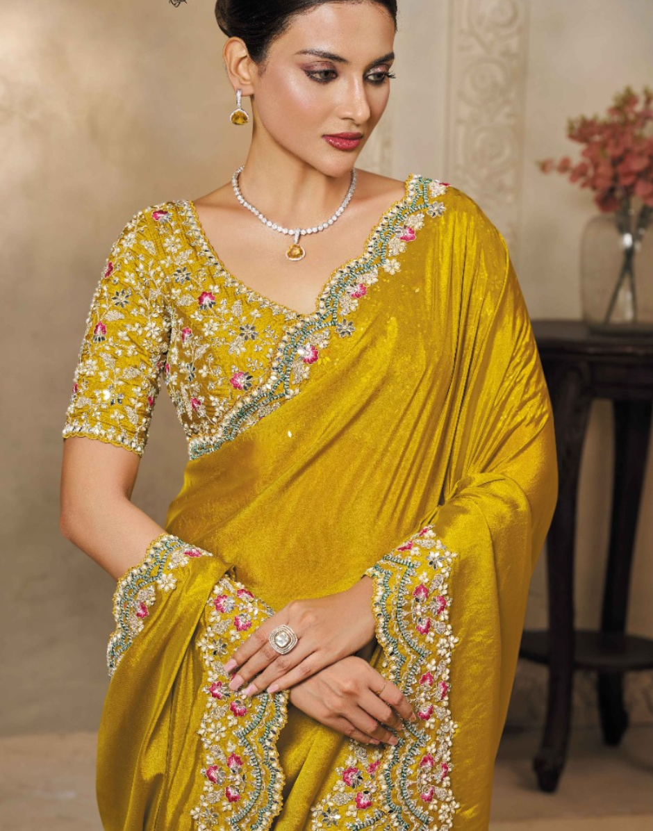 Yellow Soft Satin Silk Embroidered Saree with Sequins & Stone Highlights Blouse - Buy