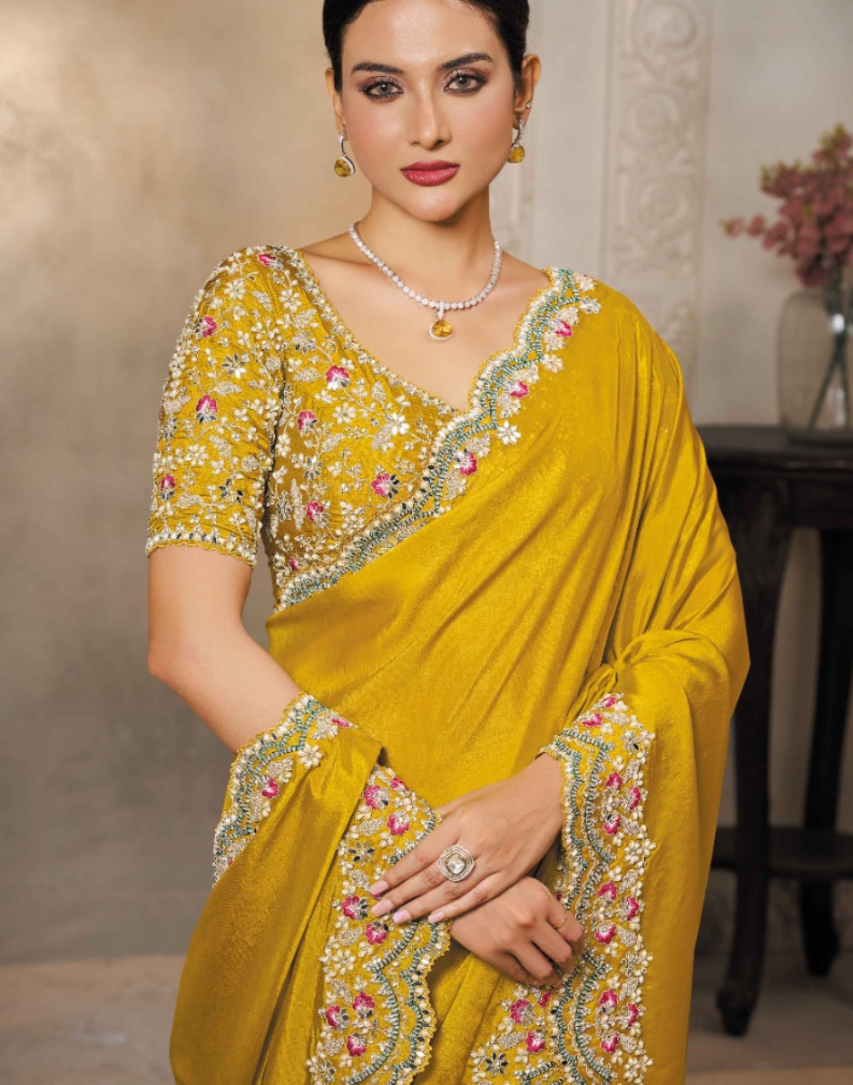 Yellow Soft Satin Silk Embroidered Saree with Sequins & Stone Highlights Blouse - Buy_2