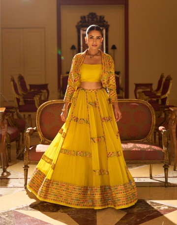 Yellow Trendy Wedding Look in Premium Georgette Heavy Embroidered Short Shrug with Blouse & Flared Lehenga