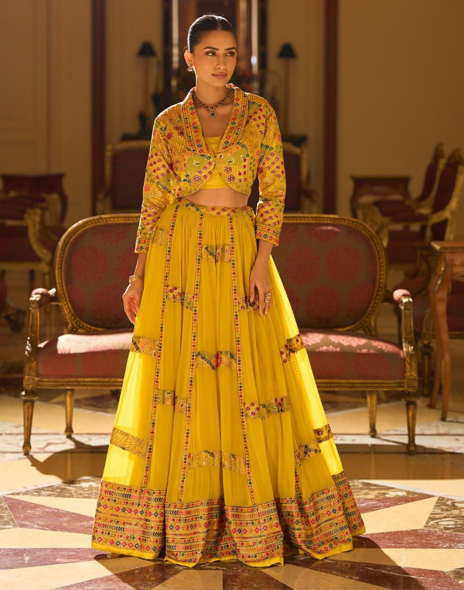 Yellow Trendy Wedding Look in Premium Georgette Heavy Embroidered Short Shrug with Blouse & Flared Lehenga_1