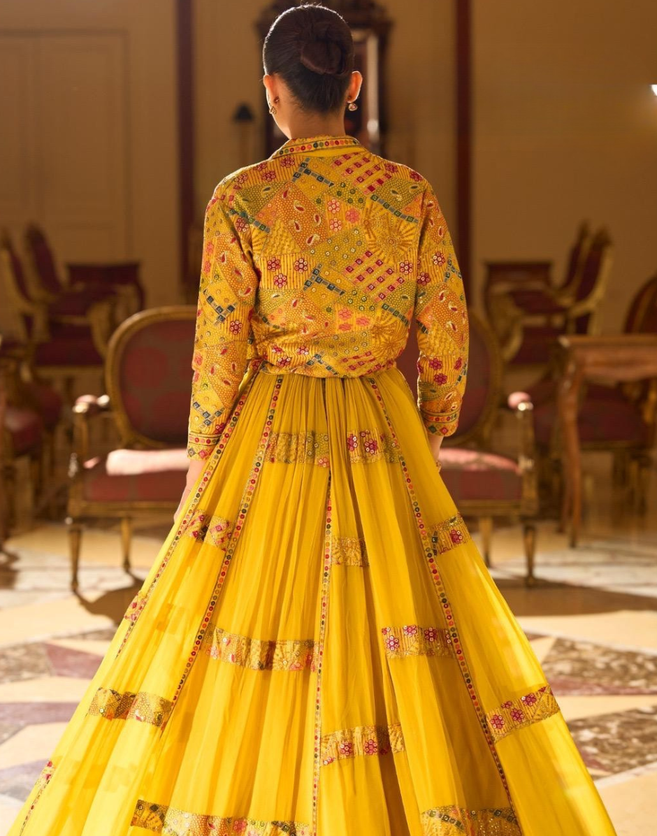 Yellow Trendy Wedding Look in Premium Georgette Heavy Embroidered Short Shrug with Blouse & Flared Lehenga_2