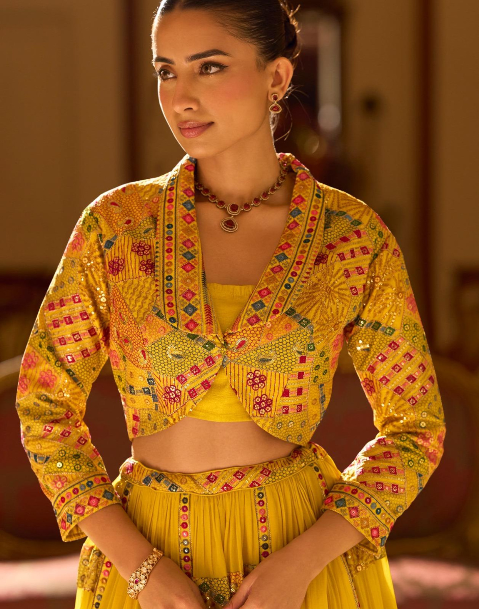 Yellow Trendy Wedding Look in Premium Georgette Heavy Embroidered Short Shrug with Blouse & Flared Lehenga_3
