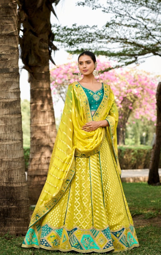 Yellow and Green Banarasi Silk Lehenga